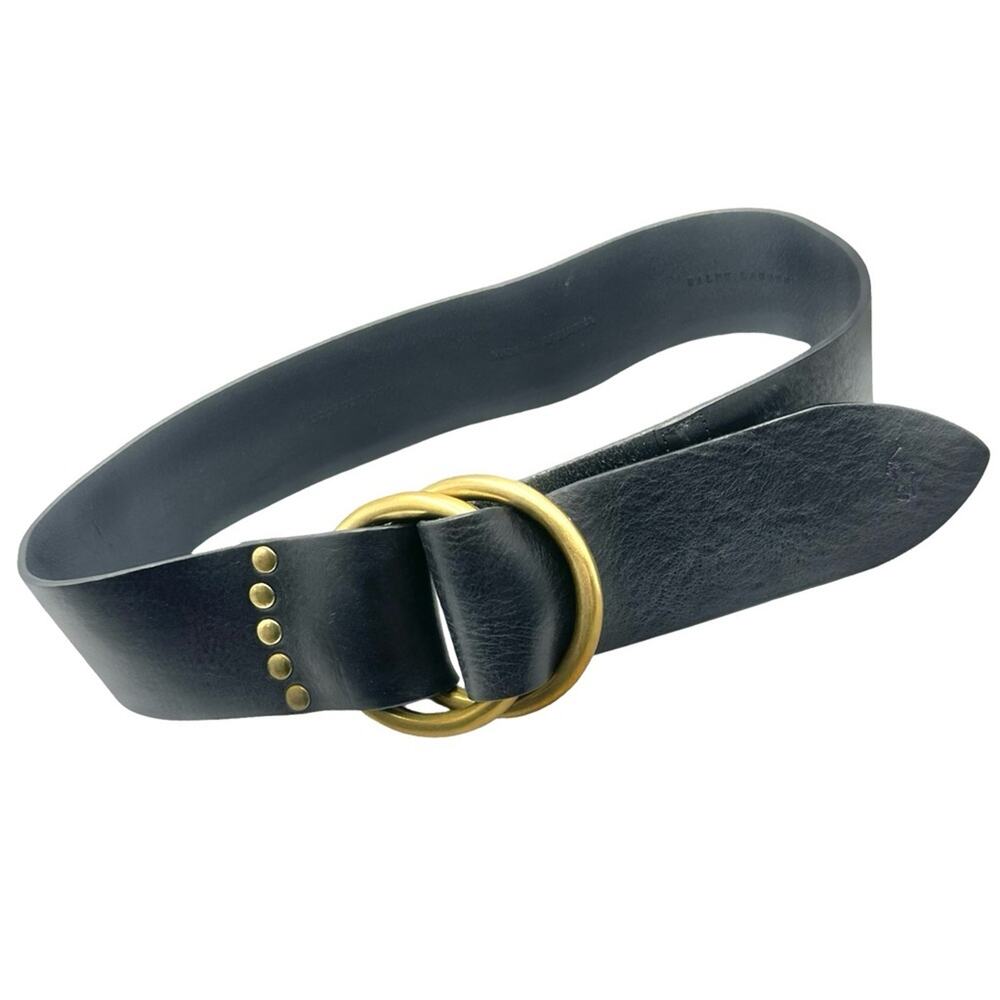 Ralph Lauren Black and Gold Leather Belt with Double-Ring Buckle - 42" long